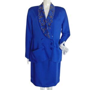 Ebony-Spiegel E-STYLE Skirt Suit, 14, Blue, Beaded Collar, 2 Piece